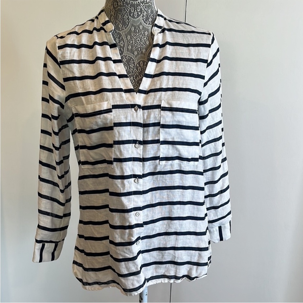Zara Navy and White Striped Linen Blouse